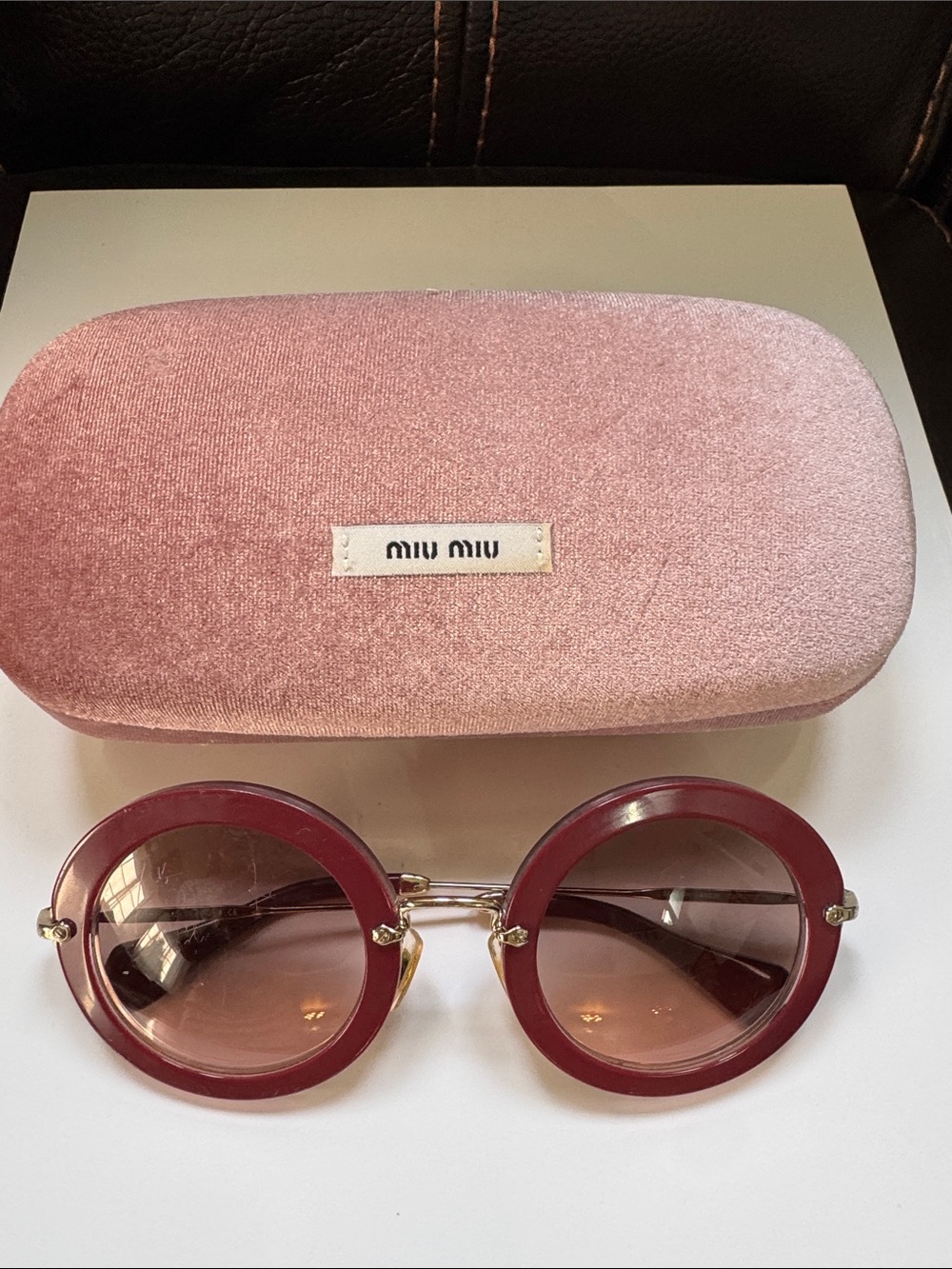 Miu Miu Glitter Burgundy Round Sunglasses with Pink Velvet Case
